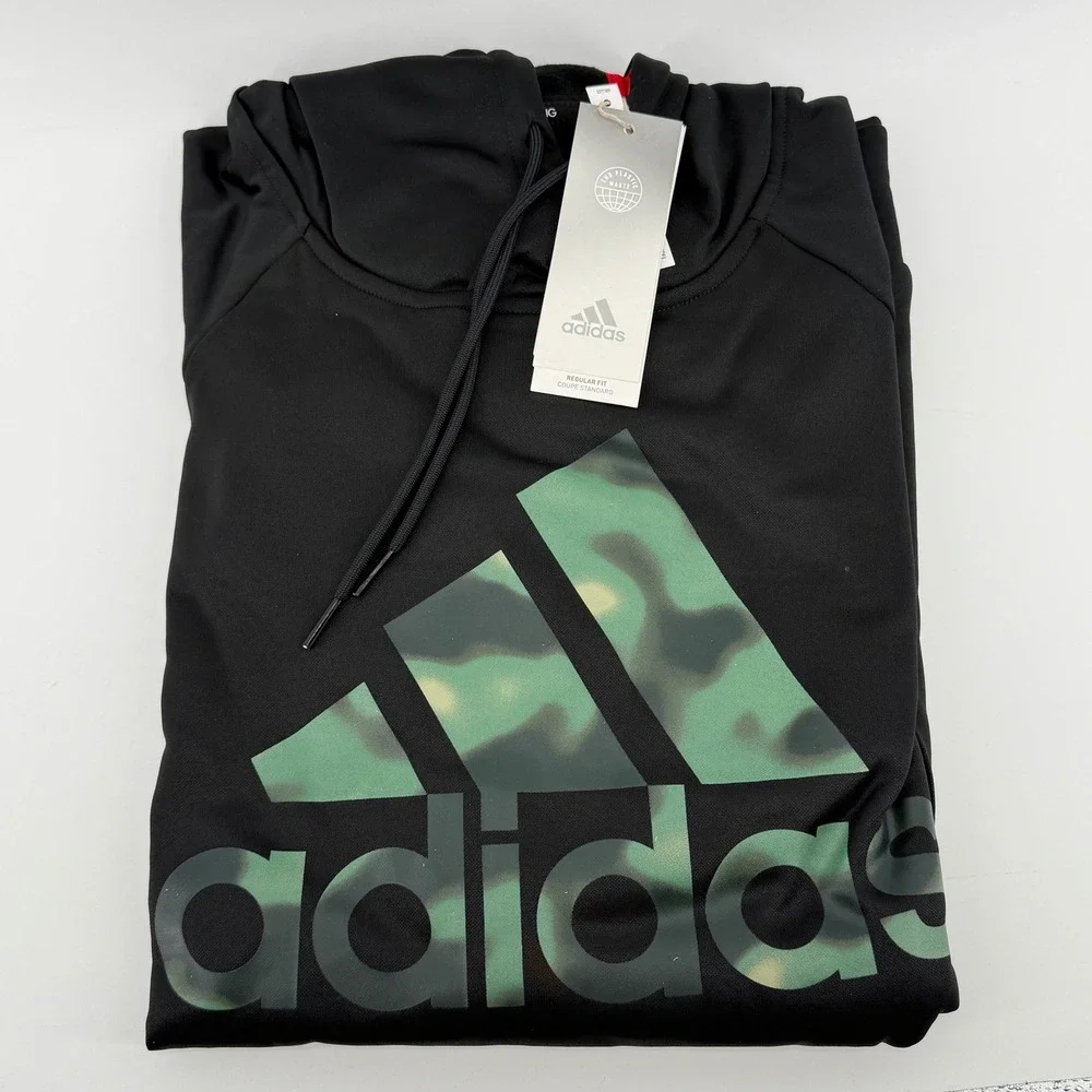 Adidas Hoodie Men Size Large Black‎ Camo Logo Pullover Sweatshirt Outdoors NWT